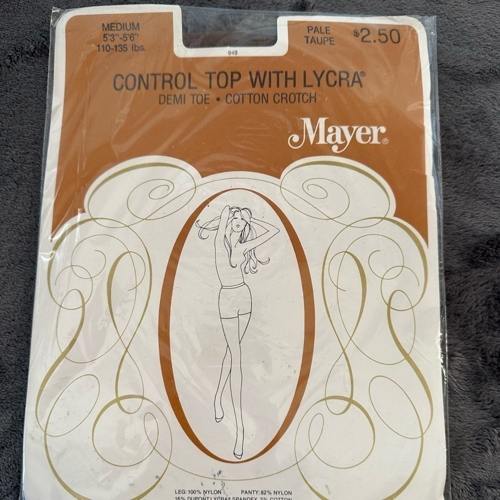 Mayer Vintage Control Top Pantyhose Pale Taupe Demi Toe Medium Lycra Tights